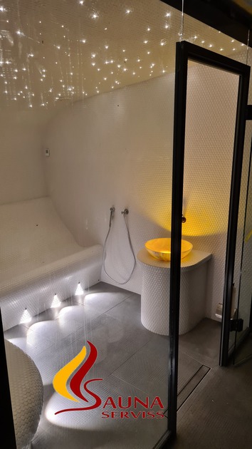 Garinės pirties statyba, turkiška pirtis namuose, hamamas, garų generatorius, stiklinė siena pirtyje, garinės pirties šviestuvai, garinė kriauklė.